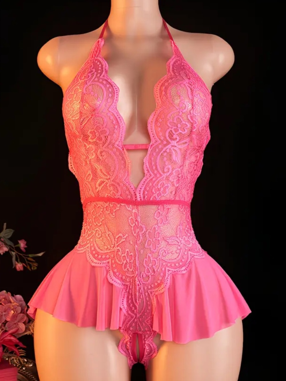 Hot Pink, Floral Lace, Crotchless Bodysuit